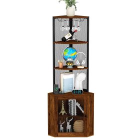 Corner Shelf with Doors, 65" Corner Cabinet & Wine Glass Rack, 6 Tier Bookshelf Display, Freestanding Corner Storage Stand[Unable ship weekends