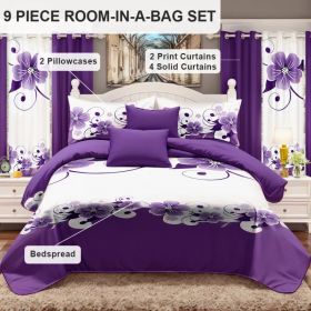 9-Piece Purple Floral Bedding & Curtain Set (Queen/King/Cal King) - Quilted Microfiber Bedspread + Sheer Curtains (Option: Purple Floral-CAL KING)