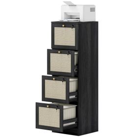 4 Drawer Filing Cabinet with Lock, Boho File Cabinet for A4 Letter Size Files with Decorative Rattan Accents, Black (Option: Black)