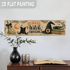 Beware Witch Crossing Metal Sign 2D Flat, Rustic Halloween Entryway Decor (Option: Tin)