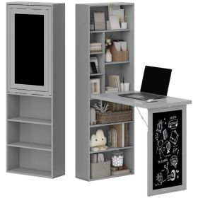 Fold-out Convertible Office Desk, Wall Mount Computer Desk with Blackboard and Side Shelf, Charcoal Grey (Option: Charcoal Grey)