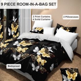 9-Piece Black & Gold Butterfly Bedding & Curtain Set (Queen/King/Cal King) - Quilted Microfiber Bedspread + Sheer Curtains (Option: black/gold butterfly-QUEEN)