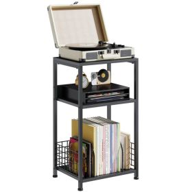 3-Tier Turntable Stand with Vinyl Storage for 100 Albums, Combined CD & DVD Racks, End Side Table for Living Room (Option: Black)