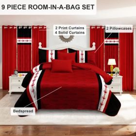 9 Piece Soft All-Season Washed Microfiber Cover Set , Queen/King/Calking Bedding Set With Pillowcases,Bedspread Print Curtains & Solid Curtains,P (Option: red and white Boho-QUEEN)