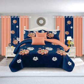 9-Piece Navy & Coral Floral Bedding & Curtain Set (Queen/King/Cal King) - Quilted Microfiber Bedspread + Sheer Curtains (Option: blue/red flower-QUEEN)