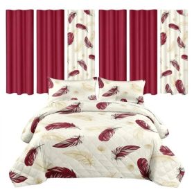 9 Piece Room In A Bag Quilt And Curtain Set, US Designer Burgundy Gold Boho Feather Print Heavyweight Bedspread With 6 Customizable Window Panels (Option: King)
