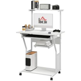32" Mobile Computer Table, Rolling Study Desk for Home Office with Keyboard Tray, Storage Shelves, Wheels, White (Option: White)