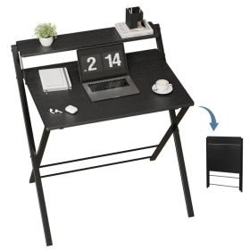 Small Folding Desk with Shelf, No-Assembly Foldable Computer Table for Tight Spaces, Portable Writing Desk for Office Dorm Apartment, Space Savin (Option: Black)