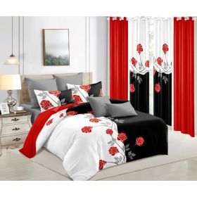 9-Piece Red Rose Bedding & Curtain Set (Queen/King/Cal King) - Quilted Microfiber Bedspread + Sheer Curtains (Option: black/white red flower-QUEEN)