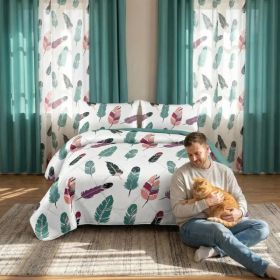 9-Piece Boho Feather Bedding & Curtain Set (Queen/King/Cal King) - Quilted Microfiber Bedspread + Sheer Curtains (Option: colorful feather-CAL KING)