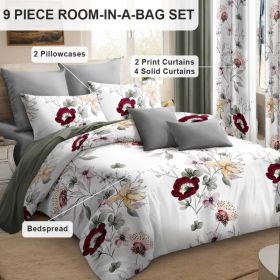 9-Piece Sage Green Watercolor Floral Bedding & Curtain Set (Queen/King/Cal King) - Quilted Microfiber Bedspread + Sheer Curtains (Option: Green/White Flowers-KING)