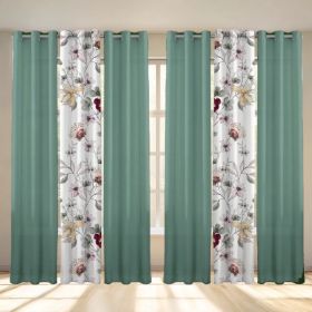 6-Panel Window Curtain Set, Sage Green Floral & Solid Color Combo, 38" x 84" Each, Light Filtering Decorative Drapes with Stainless Steel Grommet (Option: Sage Green)