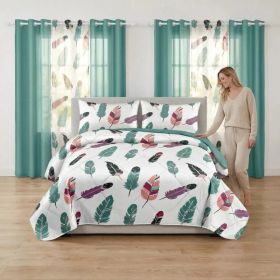 9-Piece Boho Feather Bedding & Curtain Set (Queen/King/Cal King) - Quilted Microfiber Bedspread + Sheer Curtains (Option: colorful feather-KING)