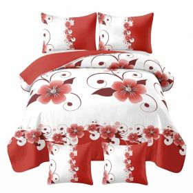 5 Piece Duvet Cover Set, Red And White Floral Bedding, Botanical Comforter Cover, Reversible High Gsm Bed Linen, Matching Pillow Shams, Throw Pil (Option: Cal King)