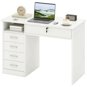 Home Office Desk with Storage, Computer Desk with Lockable Drawer and Open Compartment, White (Option: White)