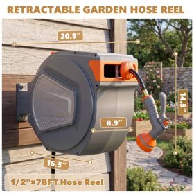 Auto Rewind Retractable Hose Reel, Wall Mounted with 180° Swivel, Multi-Function Spray Nozzle for Outdoor Watering (Option: 78FT)
