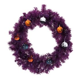 24in Pre-lit Halloween-Themed Christmas Wreath, Lighted Artificial Xmas Wreath With 50 Purple & Orange Lights And 100 PVC Tips And DIY Ball Ornam (Option: Defaulttitle)
