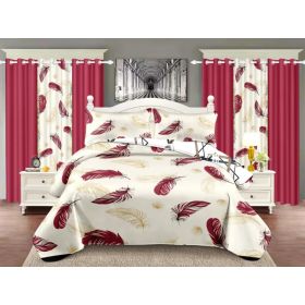 Quilted Bedspread & Curtain Set 9 Piece, Queen Size - Bedding Ensemble with Sheer Filtering Drapes, 1.6" Grommet Top, Machine Washable (Option: red-CAL KING)