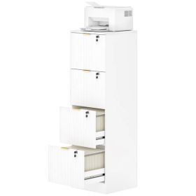 Lockable Filing Cabinet with 4 Fluted Drawers, File Cabinet with Adjustable Hanging Rails for A4 Letter Files, White (Option: White)