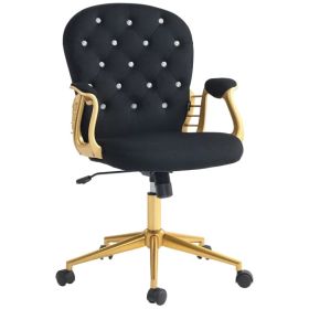 Velvet Office Desk Chair Button Tufted Vanity Chair with Swivel Wheels, Adjustable Height and Tilt Function, Black (Option: Gold, Black)