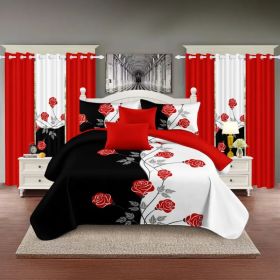 9-Piece Red Rose Bedding & Curtain Set (Queen/King/Cal King) - Quilted Microfiber Bedspread + Sheer Curtains (Option: black/white red flower-KING)