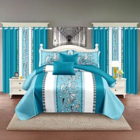 9-Piece Turquoise Paisley Bedding & Curtain Set (Queen/King/Cal King) - Quilted Microfiber Bedspread + Sheer Curtains (Option: blue/white stamen-KING)