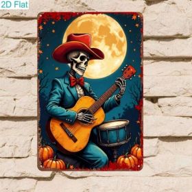 2D Flat Skeleton Cowboy Guitar Sign, Vintage Metal Day Of The Dead Wall Decor (Option: Tin)