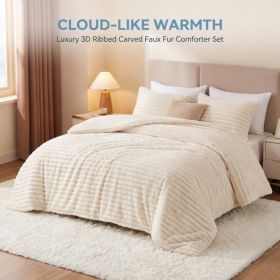 1PC Thick Reversible Plush Comforter, Soft Striped Fluffy Quilt, All Season Warm Bedding Comforter For Home Bed (Option: Beige-68x90 inch)