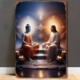 Vintage Metal Wall Art Buddha Jesus 2D Flat, Monastery Scene Religious Decor (Option: Tin)