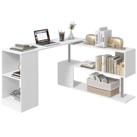 55" Corner Computer Desk, 360° Rotating L-Shaped Desk, Home Office Workstation with 3-Tier Shelves, Bookshelf, White (Option: White)