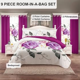9-Piece Purple Rose Bedding & Curtain Set (Queen/King/Cal King) - Quilted Microfiber Bedspread + Sheer Curtains (Option: pink rose-CAL KING)