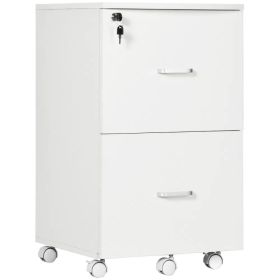 2 Drawer Mobile File Cabinet with Lock, Wood Office Filing Cabinet with Locking Wheels for Letter and A4 Size, White (Option: White)