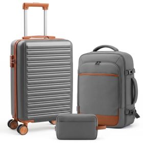 3pcs Travel Luggage Set with Backpack, Includes 20-Inch Carry-On Suitcase, Duffle Style Travel Bag, And Versatile Backpack, Durable Hard Shell, T (Option: Gray)