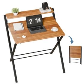 Small Folding Desk with Shelf, No-Assembly Foldable Computer Table for Tight Spaces, Portable Writing Desk for Office Dorm Apartment, Space Savin (Option: Brown)