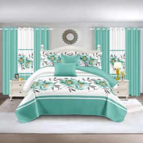 Quilted Bedspread & Curtain Set 9 Piece, Queen Size - Bedding Ensemble with Sheer Filtering Drapes, 1.6" Grommet Top, Machine Washable (Option: green rose-KING)