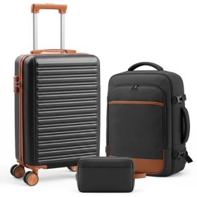 3pcs Travel Luggage Set with Backpack, Includes 20-Inch Carry-On Suitcase, Duffle Style Travel Bag, And Versatile Backpack, Durable Hard Shell, T (Option: Black)