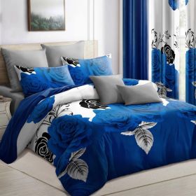 9-Piece Blue Rose Bedding & Curtain Set (Queen/King/Cal King) - Quilted Microfiber Bedspread + Sheer Curtains (Option: Blue Rose-TWIN)