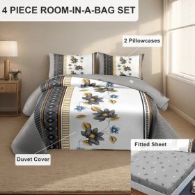 4 Piece Soft All-Season Washed Microfiber Cover Set , Queen/King/Calking Bedding Set With Zipper Closure, Sheet, Pillowcases,Print, Moisture-Wick (Option: grey/white flower-KING)