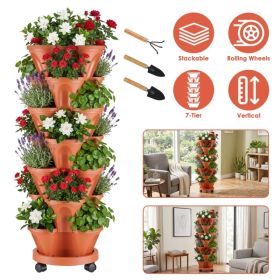 7 Tier Stackable Vertical Planter with Wheels Strawberry Planter Tower Space Saving Garden Planter with Drainage System Rolling Herb Flower Veget (Option: Red)