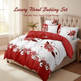 Red White Floral Duvet Cover Set 5-Piece, Queen Size - Includes Duvet Cover with Ties, 2 Pillowcases & 2 Decorative Shams | Ultra-Soft Microfiber (Option: Red White Floral-Queen)