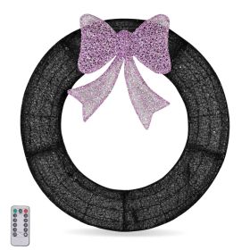 36in Pre-lit Outdoor Christmas Wreath Decoration, Lighted Metal Wreath With Purple Bow, Remote Control LED Lights With Timer, For Front Door Gate (Option: Defaulttitle)