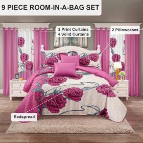 9-Piece Pink Rose Bedding & Curtain Set (Queen/King/Cal King) - Quilted Microfiber Bedspread + Sheer Curtains (Option: Pink/White Rose-CAL KING)