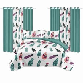 9-Piece Boho Feather Bedding & Curtain Set (Queen/King/Cal King) - Quilted Microfiber Bedspread + Sheer Curtains (Option: colorful feather-QUEEN)