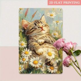 Vintage 2D Flat Sleepy Kitten Metal Sign,Field Retro Cat Wall Art Decor (Option: Tin)