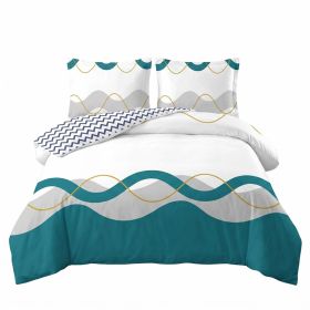 3 Piece Reversible Duvet Cover Set, Heavyweight High-GSM Microfiber Bedding With Zipper & 4 Corner Ties, US Designer Modern Teal Wave & Chevron G (Option: King)