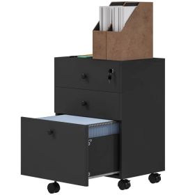 3-Drawer Small Filing Cabinet with Lock, Vertical Office Storage Cabinet with Wheels for Home Office, Black (Option: Black)
