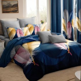9-Piece Feather Print Bedding & Curtain Set (Queen/King/Cal King) - Quilted Microfiber Bedspread + Sheer Curtains (Option: Blue Feather-KING)