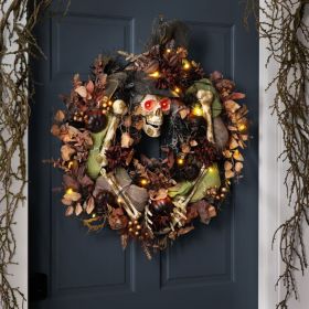 26-Inch Pre-Lit Skeleton Wreath, Halloween LED Hanging Door Decoration, Spooky Indoor & Outdoor Decor (Option: Skeleton Wreath)