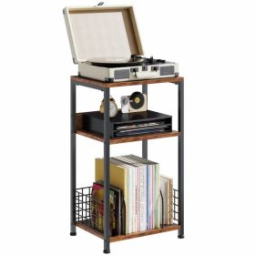 3-Tier Turntable Stand with Vinyl Storage for 100 Albums, Combined CD & DVD Racks, End Side Table for Living Room (Option: Brown)
