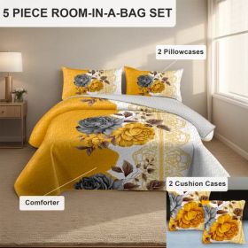 5-Piece Gold & Gray Floral Bedding Set (Queen/King/Cal King) - Microfiber Quilt + Pillow Shams (Option: Yellow Blossom-QUEEN)